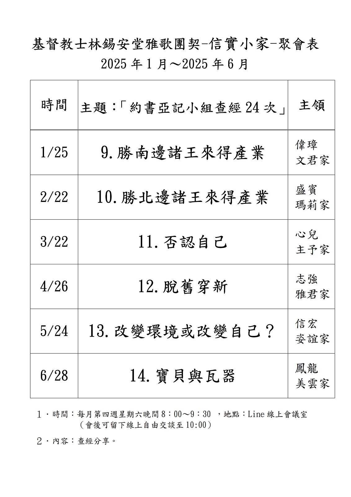 信實小家2025年上半年聚會表